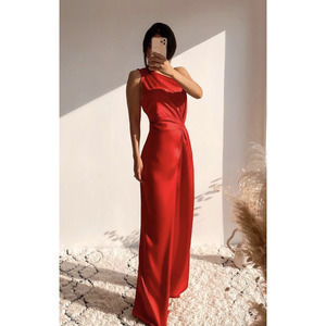ZARA ASYMMETRIC LONG RED SATIN JUMPSUIT 0387/166 xs